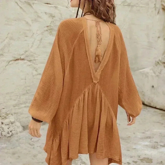 Khaki Boho Women's Lantern Sleeve Back Tie-Up Dress Clothing - Picture 2 of 8